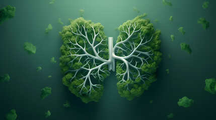 Human lungs made of green leaves on green background, creative icon of lungs, healthy breathing