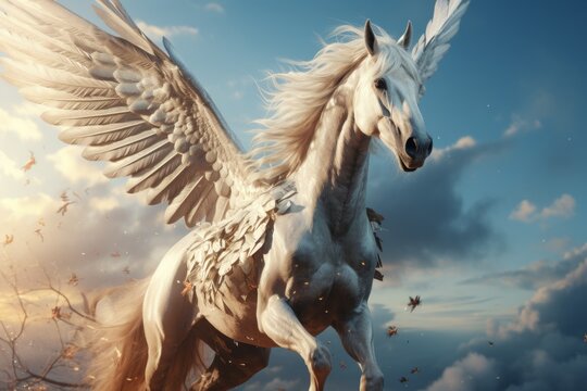 A white pegasus with luxurious spread wings in flight against a background of blue sky and white clouds. Concept: mythical animal