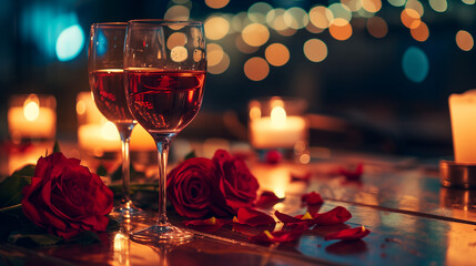 Two glasses of white wine on a wooden restaurant table  with candles and red rose petals, romantic valentines day dinner date love and passion - obrazy, fototapety, plakaty