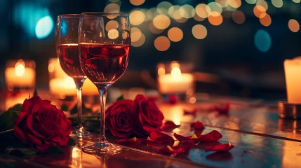 Cercles muraux Aube Two glasses of white wine on a wooden restaurant table  with candles and red rose petals, romantic valentines day dinner date love and passion