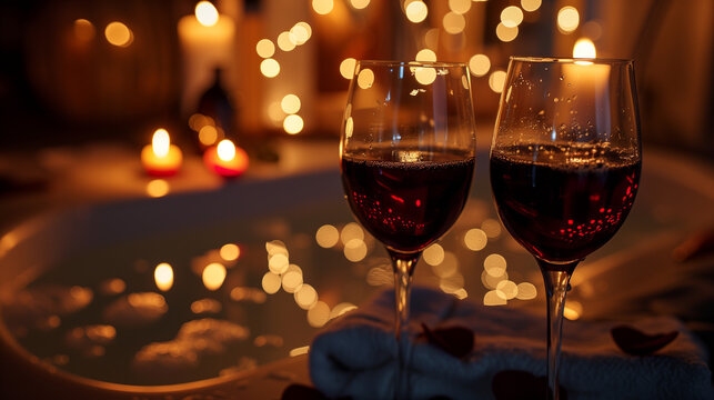 Two glasses of red wine with a hot tub jacuzzi in the background with bubbles and candles, romantic passionate valentines day date love gifts