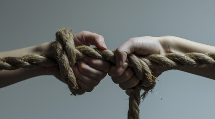 two hands holding a rope on Gray background