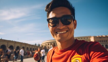 30 year old latin man taking a selfie in a plaza in Spain