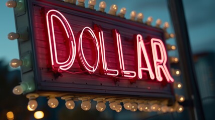 Huge neon sign Dollar. Glowing dollar light advertising. Theme of money and commerce
