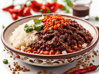 A spicy trip to Mexico: a side view of a dish with hot pepper sauce, chocolate and other ingredients, with rice and lamb