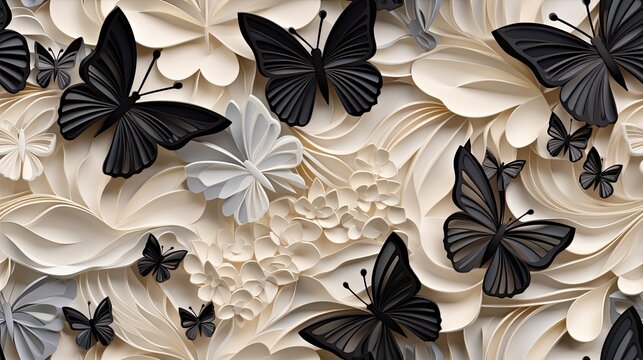 Seamless pattern of a 3D illustration featuring Black and white paper quilling Butterflies, a paper filigree Butterflies seamless pattern.