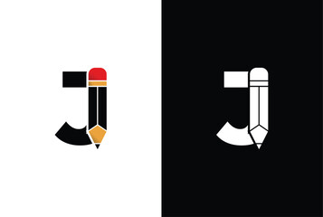 Letter J Pencil Logo Design. Letter J Pencil Vector Icon Graphic Illustration Background Template.