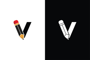 Letter V Pencil Logo Design. Letter V Pencil Vector Icon Graphic Illustration Background Template