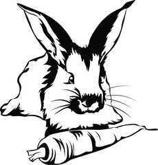 Cartoon Black and White Isolated Illustration Vector Of A Pet Rabbit Eating A Carrot 