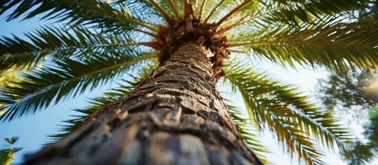 Low angle view of a sub tropical palm tree, including stem and leaves.