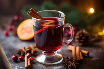 mulled wine in a beautiful glass with a cinnamon stick. modern bright style