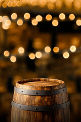 Close view of the top of an old wooden barrel on a defocused background of warm, golden lights. Vertical Format. 3D Rendering