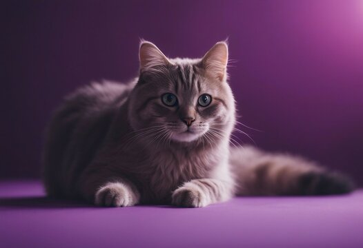 Cute banner with a grey cat looking up on solid purple background