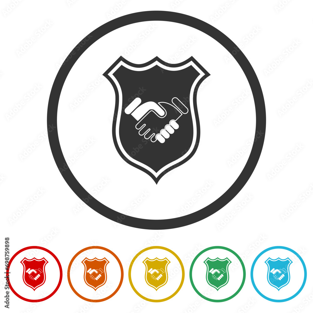 Poster trust icon handshake icon with shield. set icons in color circle buttons