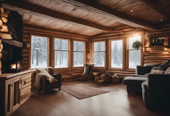 Fototapeta premium Inside of a minimalistic wooden log cabin in winter woods