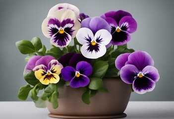 Pansies in a ceramic pot isolated on grey background