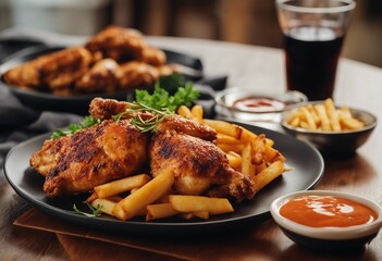 Plate with roasted chicken fries and sauce