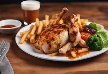 Plate with roasted chicken fries and sauce