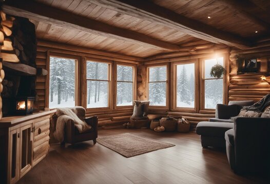 Inside of a minimalistic wooden log cabin in winter woods