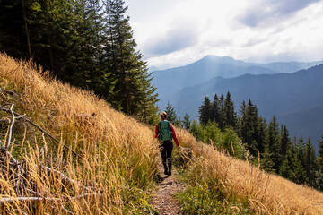 Fototapeta premium Woman with backpack on hiking trail along golden colored blades of grass in mountain ranges of Karawanks in Carinthia, Austria. Remote alpine landscape in Bodental, Austrian Alps. Wanderlust in autumn
