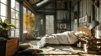 Foto auf Leinwand Rustic Farmhouse Bedroom Interior Design with Modern Touch © AIGen