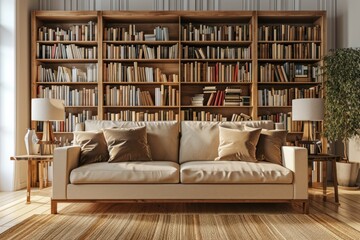 Modern Living Room Interior with Sofa and Bookshelves 3D Rendering