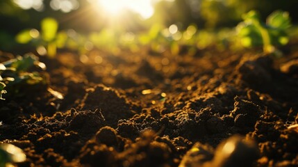 Nature's Canvas: Abstract Farming Soil with Sunlit Bokeh Background - obrazy, fototapety, plakaty