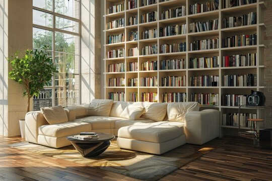 Modern Minimalist Living Room Interior Design with Sofa and Bookshelf