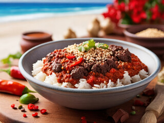 An original dish from Mexico with hot pepper sauce, chocolate and other ingredients, with rice and lamb, sprinkled with sesame seeds, with the coast in the background