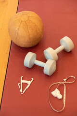 Konzept Gewichtverlust, Gewichtsreduktion durch Sport, es sind Sportgeräte auf einer Gymnastikmatte und Maßband, fett caliper dargestellt