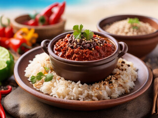 Recipe for a Mexican dish with hot pepper sauce, chocolate and other ingredients, with rice and lamb, sprinkled with sesame seeds, with a coastal background
