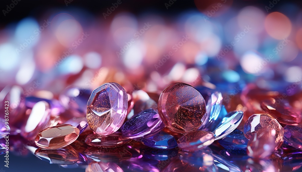 Poster close-up of colored glass beads with refracted light creating a vibrant mosaic of highlights and ref
