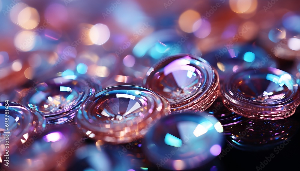 Poster close-up of colored glass beads with refracted light creating a vibrant mosaic of highlights and ref