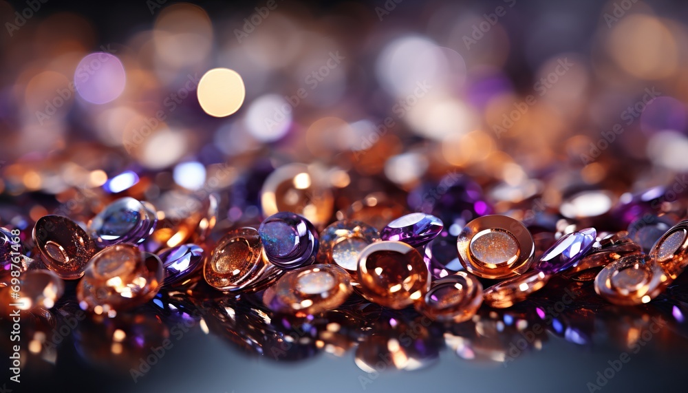 Poster close-up of colored glass beads with refracted light creating a vibrant mosaic of highlights and ref