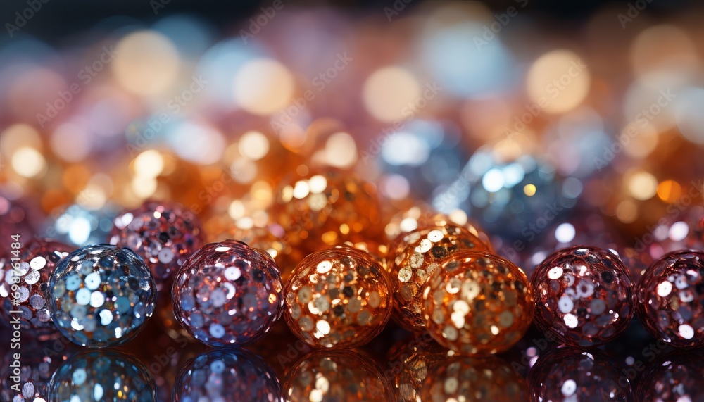 Poster close-up of colored glass beads with refracted light creating a vibrant mosaic of highlights and ref