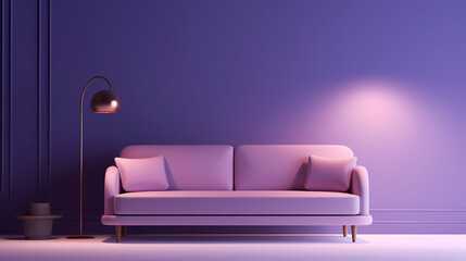 Comfortable modern purple sofa on minimalist background, empty room