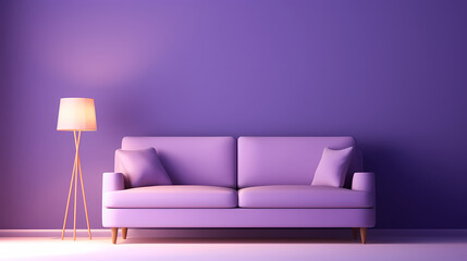 Comfortable modern purple sofa on minimalist background, empty room