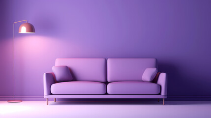 Comfortable modern purple sofa on minimalist background, empty room