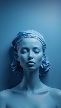 a sculpture of a woman's head in front of a blue wall.