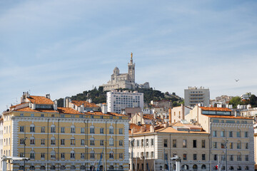 Fototapeta na wymiar View of the Basilica of Notre-Dame of la Garde in Marseille, France.