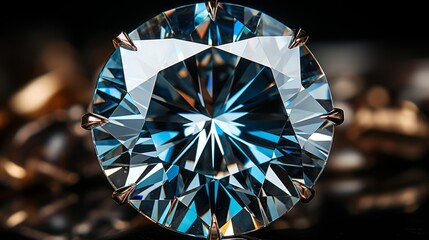 a brilliant round-cut diamond in the center of the frame, lying against a background of dark reflective fragments. Concept: gems
