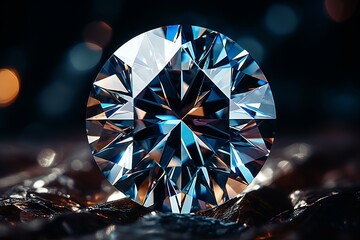 a brilliant round-cut diamond in the center of the frame, lying against a background of dark reflective fragments. Concept: gems
 - obrazy, fototapety, plakaty