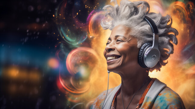 Senior Woman in Headphones Smiling, Enjoying Her Favourite Music, Audiobook, Video Call with Relatives, Familiar Experiences Even Better with Her New Modern Gadget, Embracing High Tech, Inclusiveness
