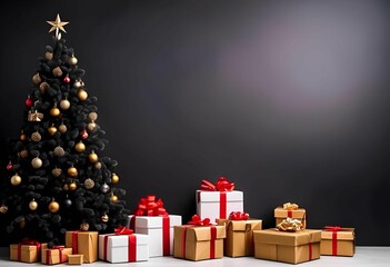 minimalist Christmas background with christmas tree and gift boxes