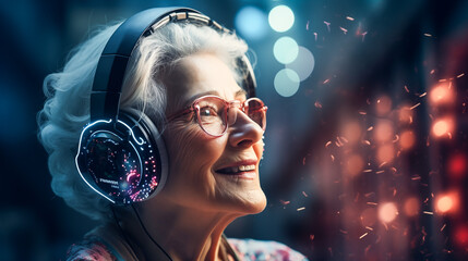 Senior Woman in Headphones Smiling, Enjoying Her Favourite Music, Audiobook, Video Call with Relatives, Familiar Experiences Even Better with Her New Modern Gadget, Embracing High Tech, Inclusiveness
