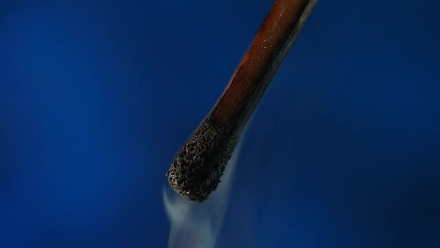 The burning match demonstrates a smooth extinguishing, dims, disappearing beneath the smoke on a blue background. Black burned match sulfur with a white cloud of smoke in a macro shot.