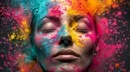 Young Woman with Face and Hair Decorated in Multiple Colours, Embracing Creativity, Empowered, Talented, Mindfulness and Self Expression, Paint Powder Splashes, Carnival Makeup, Party Fun