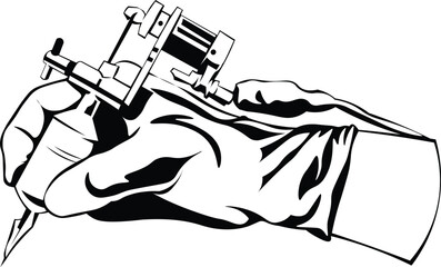 Cartoon Black and White Isolated Illustration Vector Of A Hand Holding A Tattoo Gun