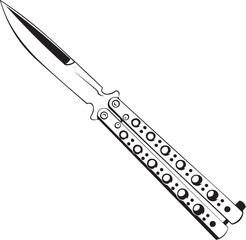 Cartoon Black and White Isolated Illustration Vector Of A Flick Butterfly Knife