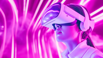 Woman Enjoying Immersive Internet Experience, Futuristic Virtual Reality Goggles, Empowerment, Infinite Possibilities, Digital Physical Augmented,  Entertainment, Intuitive Work Environment, Future  